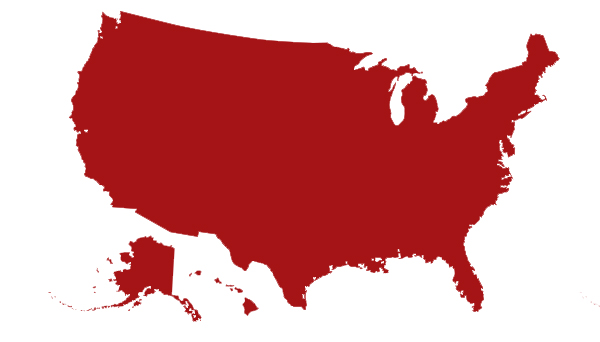 Red image of the USA including Alaska and Hawaii