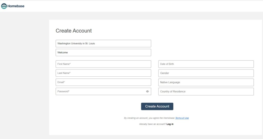 Image of the Homebase Create Account screen